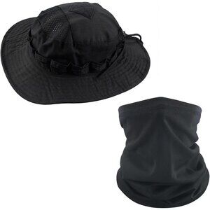 Unisex Black Wide Brim Boonie With with Neck Gaiter Breathable Classic Bucket Ha